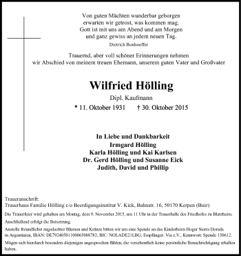 Anzeige von Wilfried Hölling von Kölner Stadt-Anzeiger / Kölnische Rundschau / Express