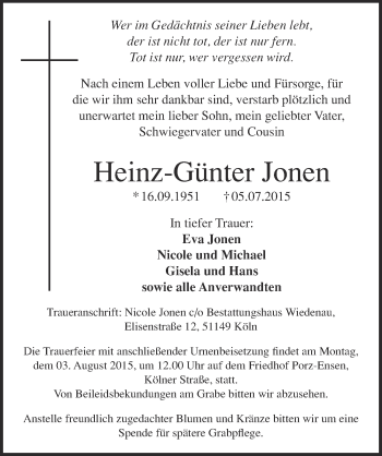 Anzeige von Heinz-Günter Jonen von  Kölner Wochenspiegel 