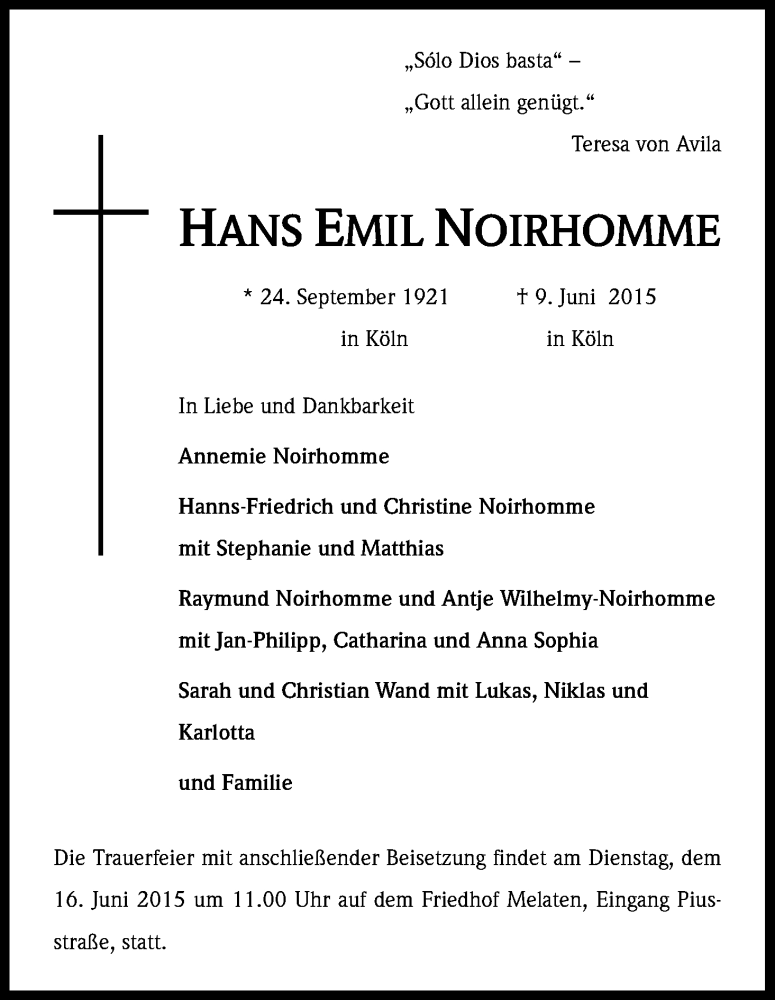  Traueranzeige für Hans Emil Noirhomme vom 13.06.2015 aus Kölner Stadt-Anzeiger / Kölnische Rundschau / Express