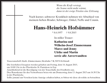 Anzeige von Hans-Heinrich Hofsümmer von  Werbepost 
