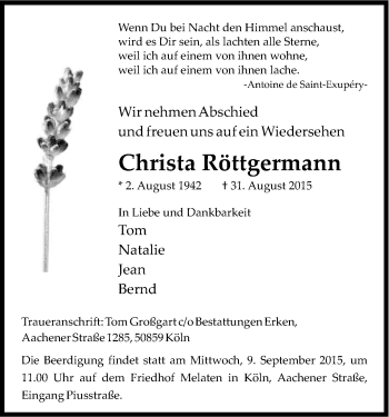 Anzeige von Christa Röttgermann von Kölner Stadt-Anzeiger / Kölnische Rundschau / Express