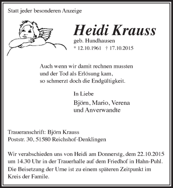Anzeige von Heidi Krauss von  Lokalanzeiger 