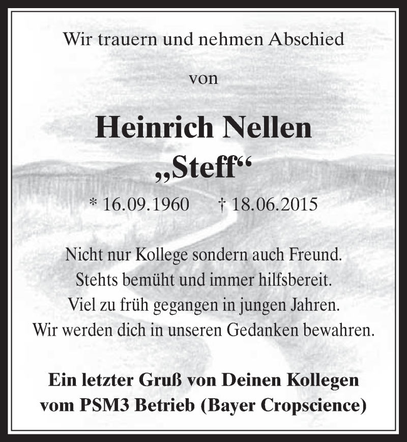  Traueranzeige für Heinrich Nellen vom 08.07.2015 aus  Wochenende 