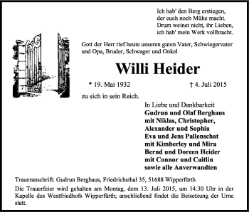 Anzeige von Willi Heider von Kölner Stadt-Anzeiger / Kölnische Rundschau / Express
