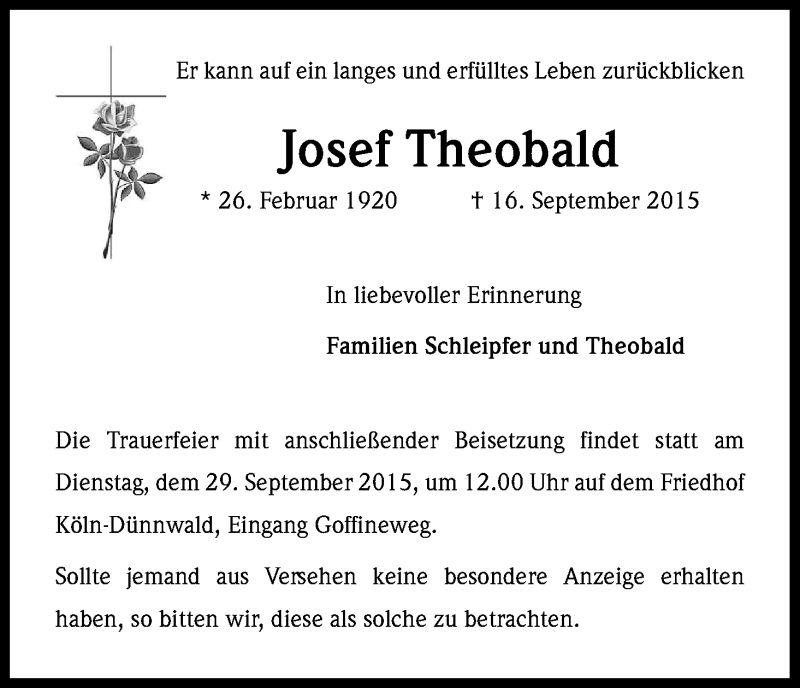  Traueranzeige für Josef Theobald vom 26.09.2015 aus Kölner Stadt-Anzeiger / Kölnische Rundschau / Express