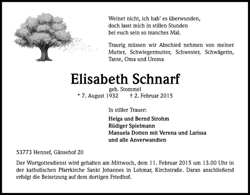  Traueranzeige für Elisabeth Schnarf vom 07.02.2015 aus Kölner Stadt-Anzeiger / Kölnische Rundschau / Express
