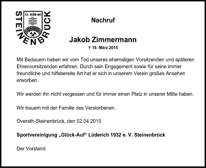  Traueranzeige für Jakob Zimmermann vom 04.04.2015 aus Kölner Stadt-Anzeiger / Kölnische Rundschau / Express