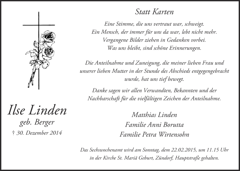  Traueranzeige für Ilse Linden vom 18.02.2015 aus  Kölner Wochenspiegel 