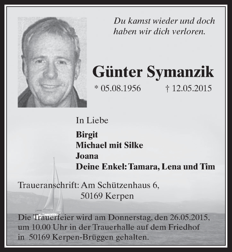  Traueranzeige für Günter Symanzik vom 20.05.2015 aus  Werbepost 