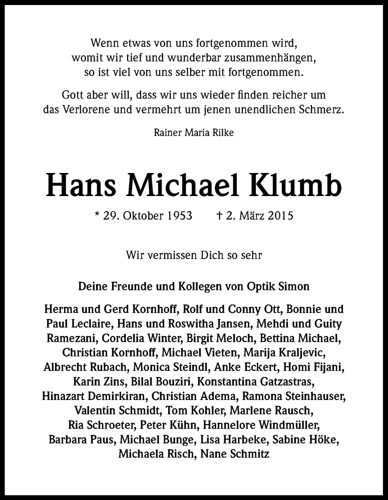  Traueranzeige für Hans Michael Klumb vom 14.03.2015 aus Kölner Stadt-Anzeiger / Kölnische Rundschau / Express