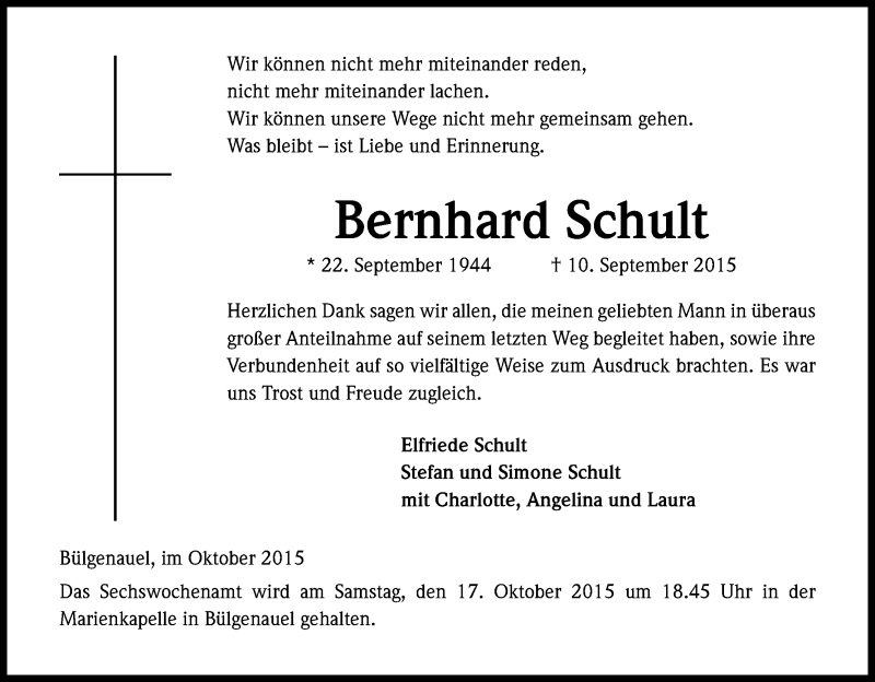  Traueranzeige für Bernhard Schult vom 08.10.2015 aus Kölner Stadt-Anzeiger / Kölnische Rundschau / Express