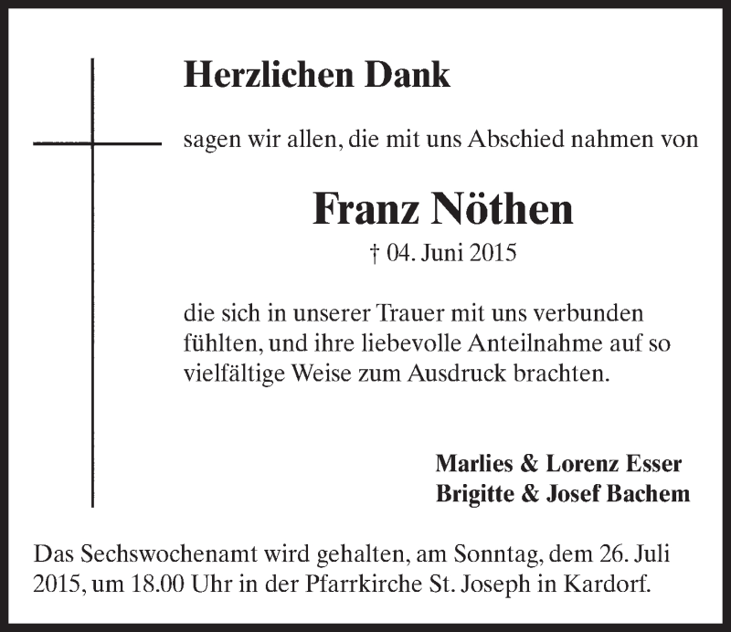  Traueranzeige für Franz Nöthen vom 08.07.2015 aus  Schaufenster/Blickpunkt  Schlossbote/Werbekurier 