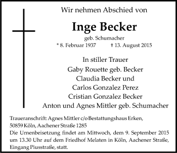 Anzeige von Inge Becker von Kölner Stadt-Anzeiger / Kölnische Rundschau / Express