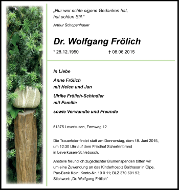 Anzeige von Wolfgang Frölich von Kölner Stadt-Anzeiger / Kölnische Rundschau / Express