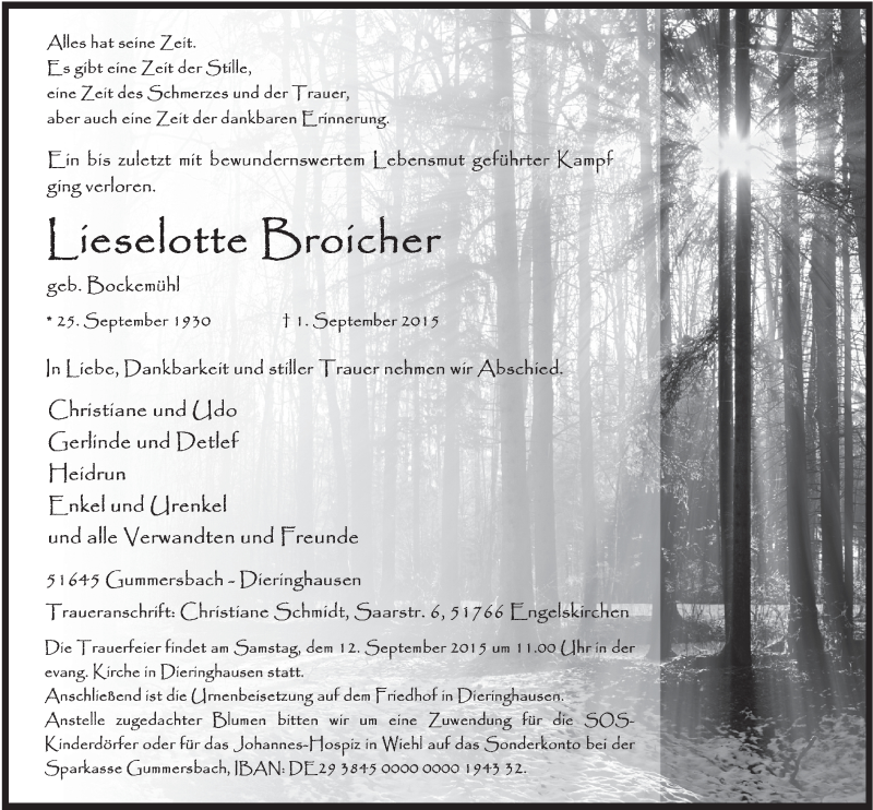  Traueranzeige für Lieselotte Broicher vom 09.09.2015 aus  Anzeigen Echo 