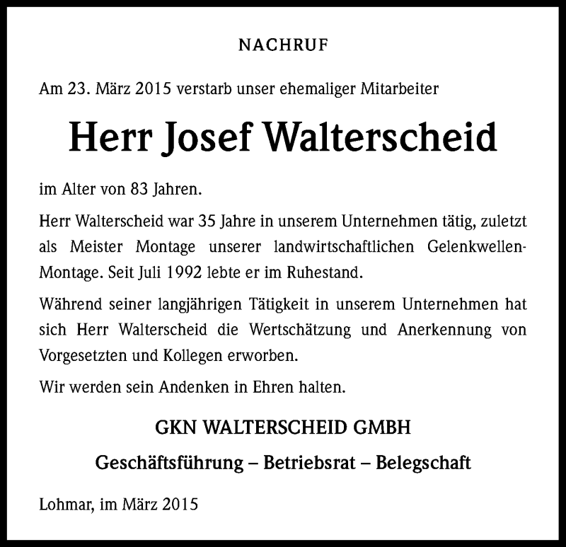  Traueranzeige für Josef Walterscheid vom 02.04.2015 aus Kölner Stadt-Anzeiger / Kölnische Rundschau / Express
