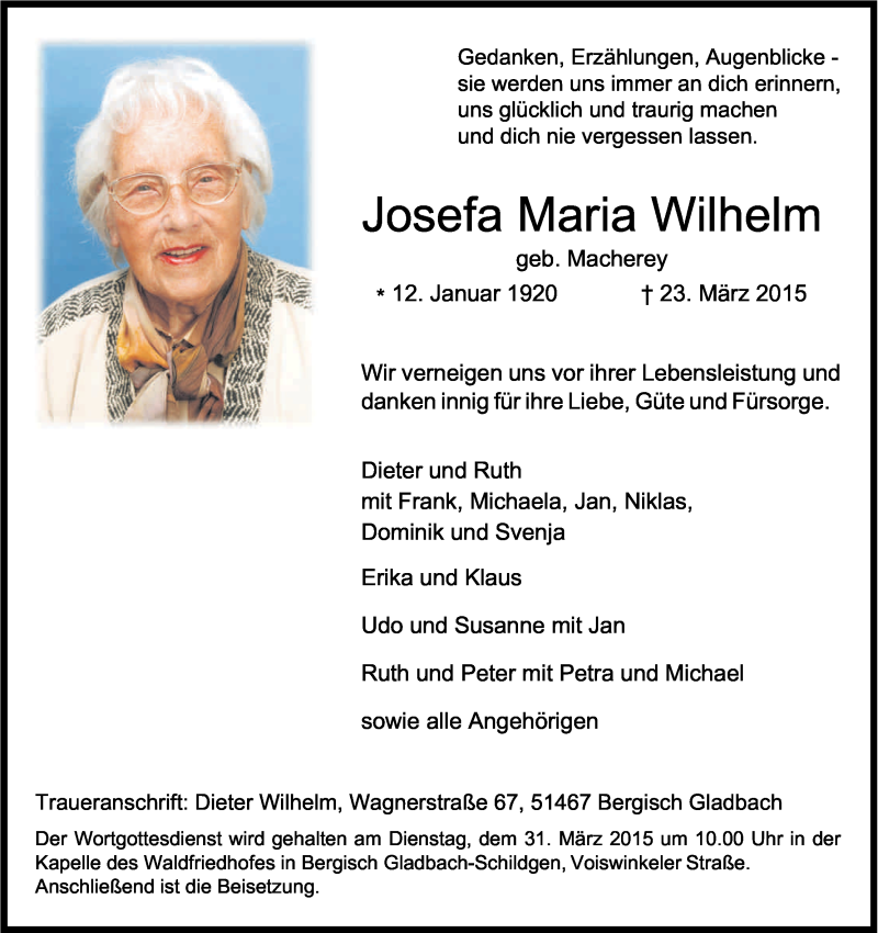  Traueranzeige für Josefa Maria Wilhelm vom 28.03.2015 aus Kölner Stadt-Anzeiger / Kölnische Rundschau / Express