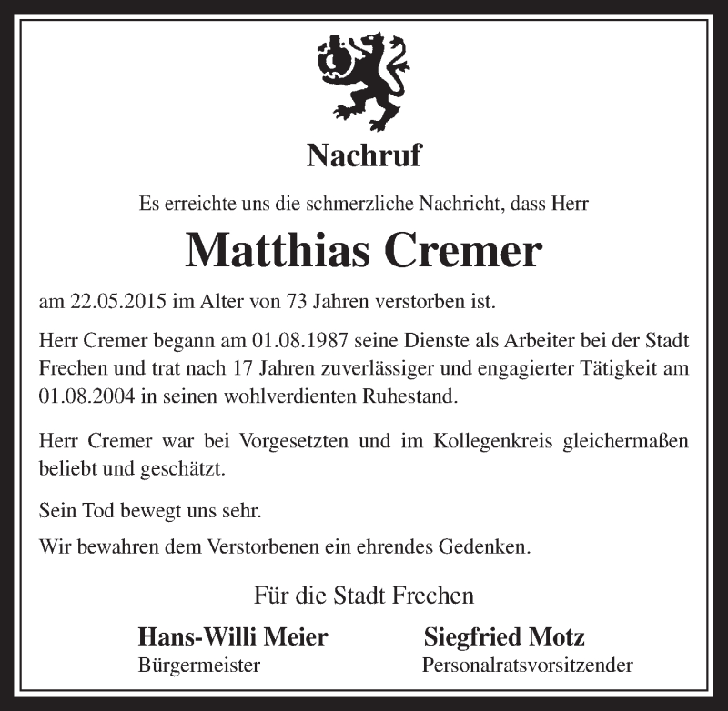  Traueranzeige für Matthias Cremer vom 03.06.2015 aus  Wochenende 