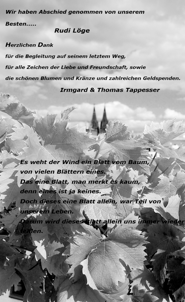  Traueranzeige für Rudi Löge vom 16.09.2015 aus  Kölner Wochenspiegel 