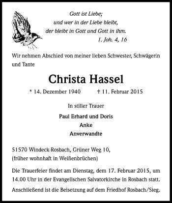 Anzeige von Christa Hassel von Kölner Stadt-Anzeiger / Kölnische Rundschau / Express