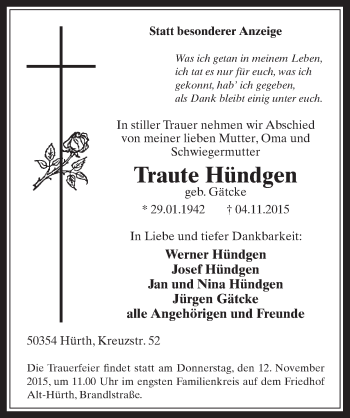 Anzeige von Traute Hündgen von  Wochenende 