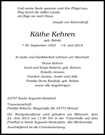 Anzeige von Käthe Kehren von Kölner Stadt-Anzeiger / Kölnische Rundschau / Express