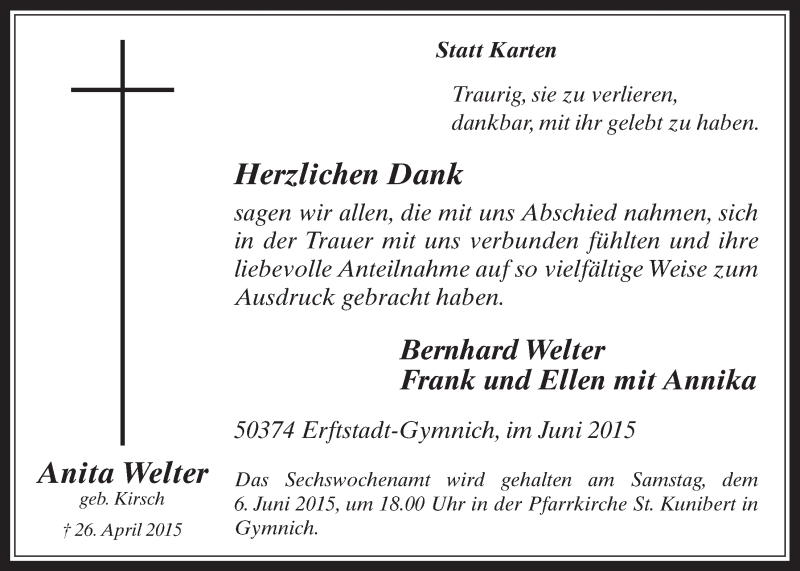  Traueranzeige für Anita Welter vom 03.06.2015 aus  Werbepost 