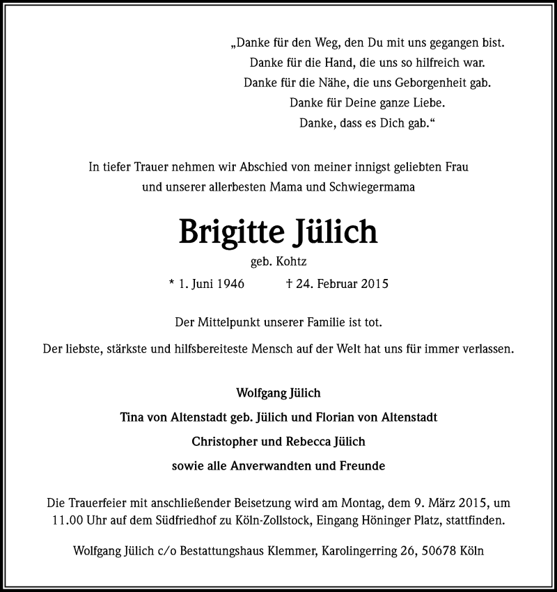  Traueranzeige für Brigitte Jülich vom 28.02.2015 aus Kölner Stadt-Anzeiger / Kölnische Rundschau / Express