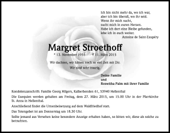 Anzeige von Margret Stroethoff von Kölner Stadt-Anzeiger / Kölnische Rundschau / Express