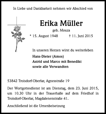 Anzeige von Erika Müller von Kölner Stadt-Anzeiger / Kölnische Rundschau / Express