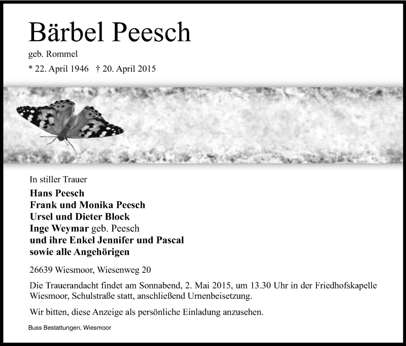  Traueranzeige für Bärbel Peesch vom 25.04.2015 aus Kölner Stadt-Anzeiger / Kölnische Rundschau / Express