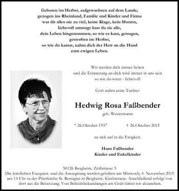 Anzeige von Hedwig Rosa Faßbender von Kölner Stadt-Anzeiger / Kölnische Rundschau / Express