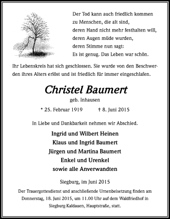Anzeige von Christel Baumert von Kölner Stadt-Anzeiger / Kölnische Rundschau / Express