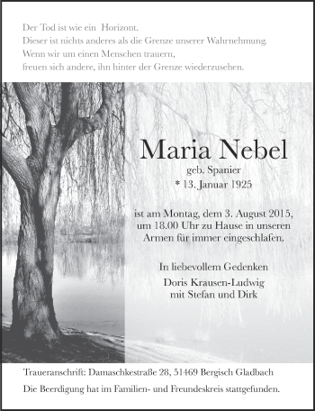 Anzeige von Maria Nebel von  Bergisches Handelsblatt 