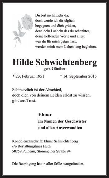 Anzeige von Hilde Schwichtenberg von  Sonntags-Post 