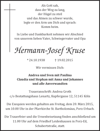 Anzeige von Hermann-Josef Kruse von  Kölner Wochenspiegel 