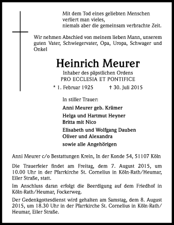 Anzeige von Heinrich Meurer von Kölner Stadt-Anzeiger / Kölnische Rundschau / Express