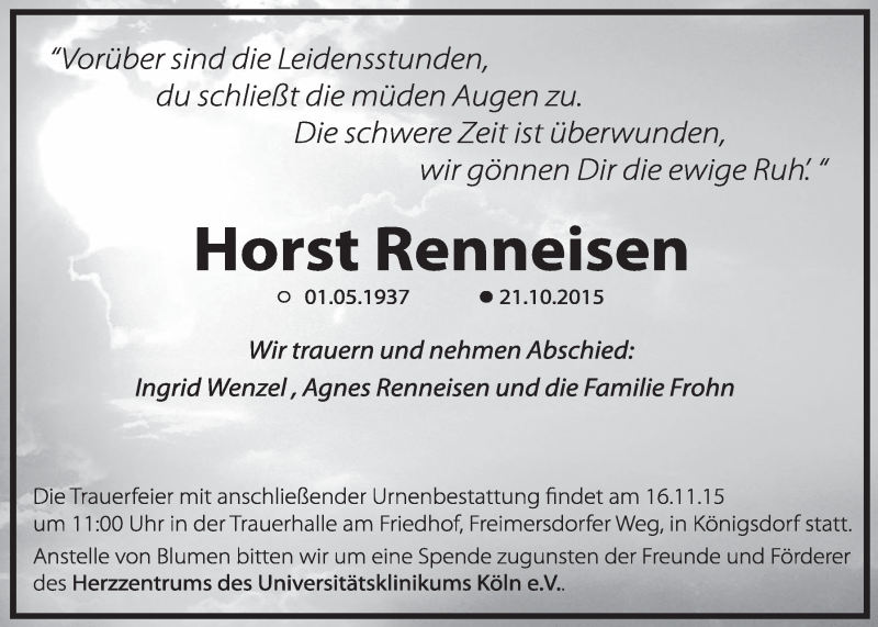  Traueranzeige für Horst Renneisen vom 11.11.2015 aus  Wochenende 