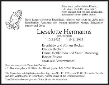 Anzeige von Lieselotte Hermanns von  Schaufenster/Blickpunkt 