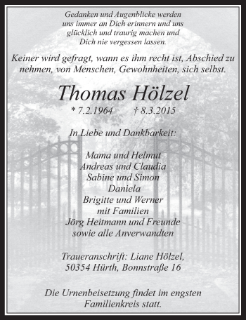 Anzeige von Thomas Hölzel von  Wochenende 