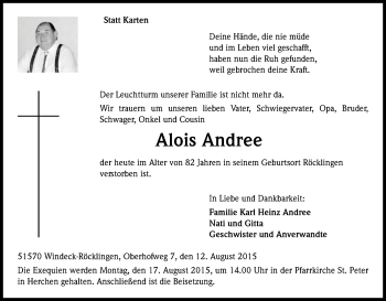 Anzeige von Alois Andree von Kölner Stadt-Anzeiger / Kölnische Rundschau / Express