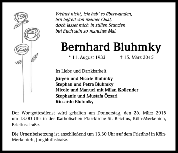Anzeige von Bernhard Bluhmky von Kölner Stadt-Anzeiger / Kölnische Rundschau / Express