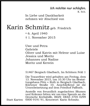 Anzeige von Karin Schmitz von Kölner Stadt-Anzeiger / Kölnische Rundschau / Express