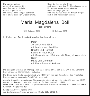 Anzeige von Maria Magdalena Boll von Kölner Stadt-Anzeiger / Kölnische Rundschau / Express
