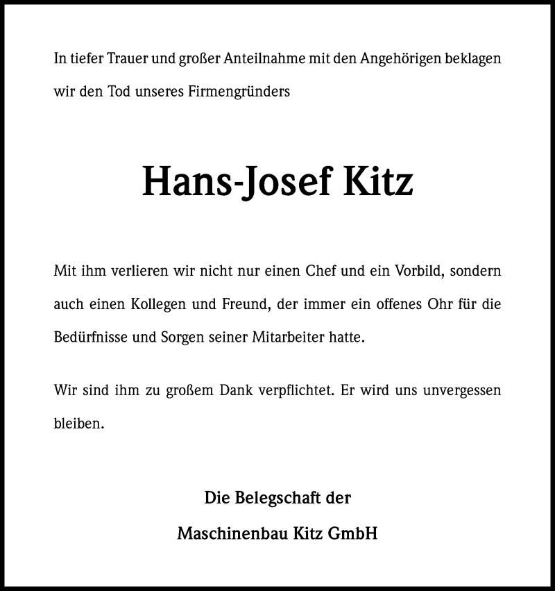  Traueranzeige für Hans-Josef Kitz vom 21.01.2015 aus Kölner Stadt-Anzeiger / Kölnische Rundschau / Express