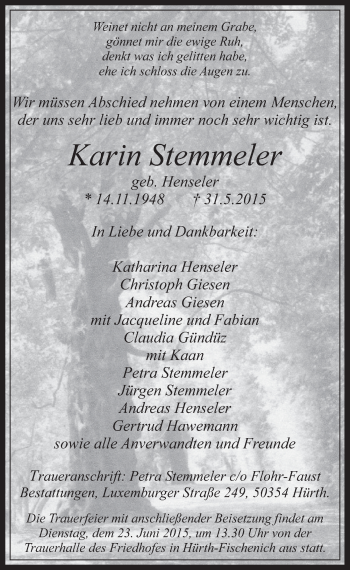 Anzeige von Karin Stemmeler von  Wochenende 