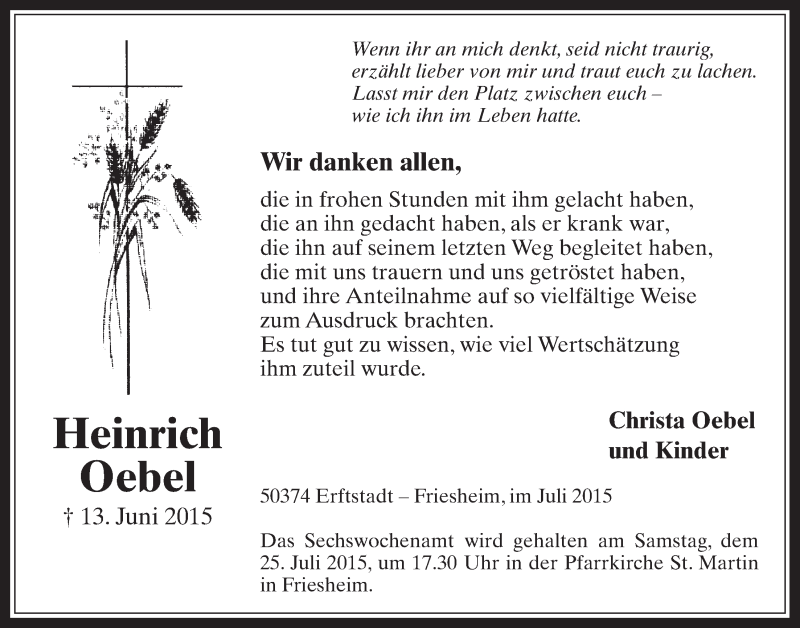  Traueranzeige für Heinrich Oebel vom 22.07.2015 aus  Werbepost 