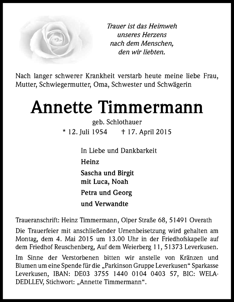  Traueranzeige für Annette Timmermann vom 25.04.2015 aus Kölner Stadt-Anzeiger / Kölnische Rundschau / Express