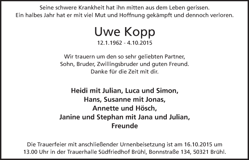  Traueranzeige für Uwe Kopp vom 14.10.2015 aus  Schlossbote/Werbekurier 