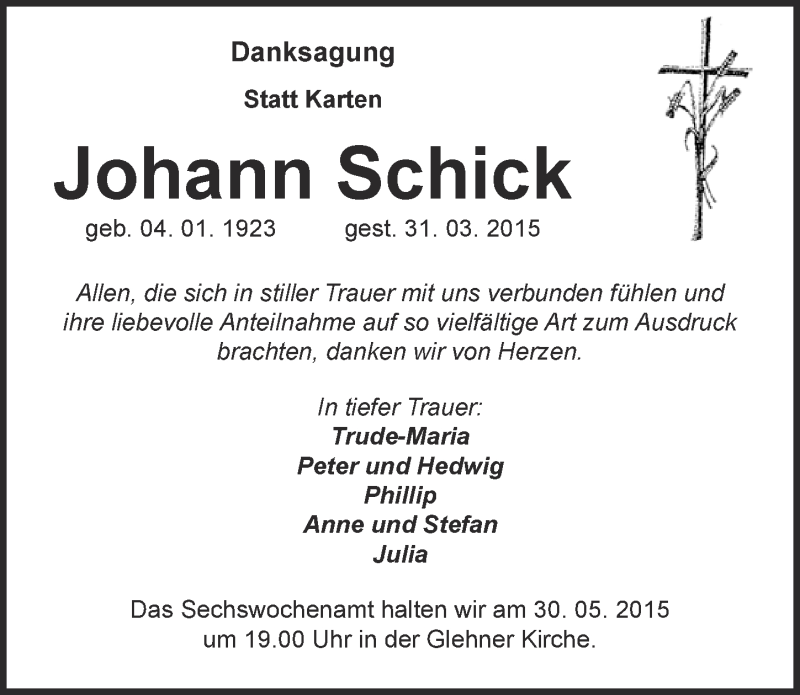  Traueranzeige für Johann Schick vom 24.05.2015 aus  Blickpunkt Euskirchen 